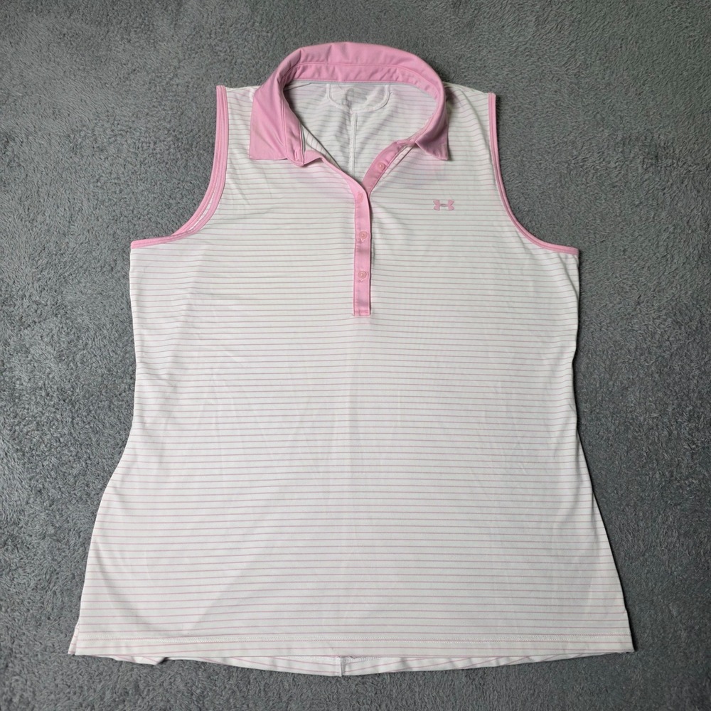 Under Armour Womens XL Sleeveless Polo Shirt White Pink Striped HeatGear 1272339